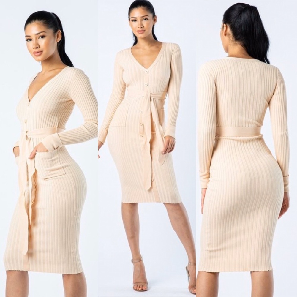 βΌοΈ Black button waist tie stretch midi body dress - Picture 2 of 2